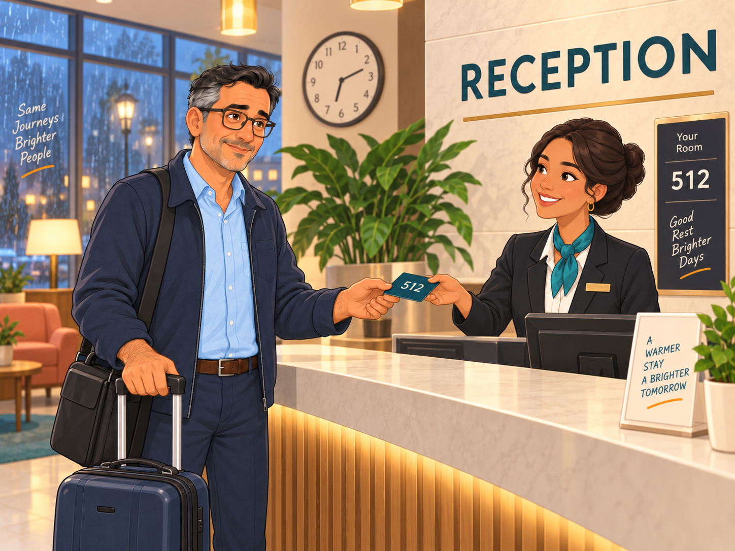 Leo at the hotel reception; the receptionist hands him a key card; a sign reads RECEPTION and a board shows 512.