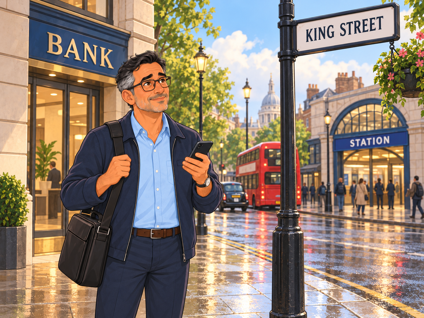 Leo on a London street corner with his phone, a bank on the corner, a sign reading KING STREET, a station opposite.