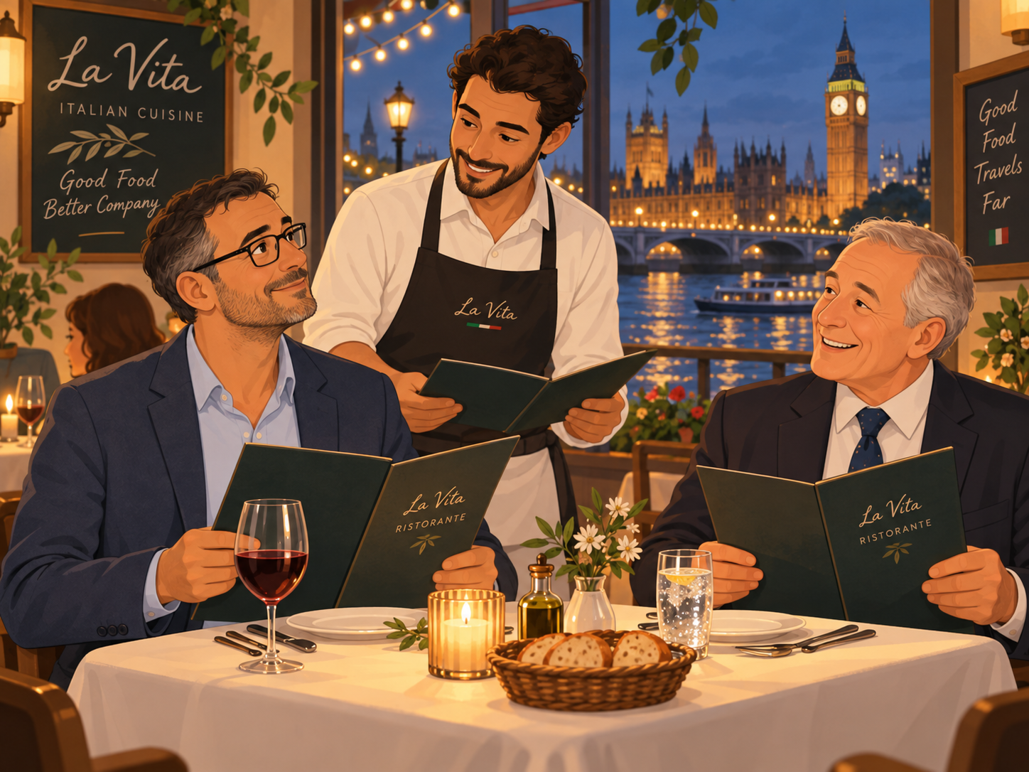 Leo and Mr Hill at a restaurant table by the river; a waiter brings the menu.