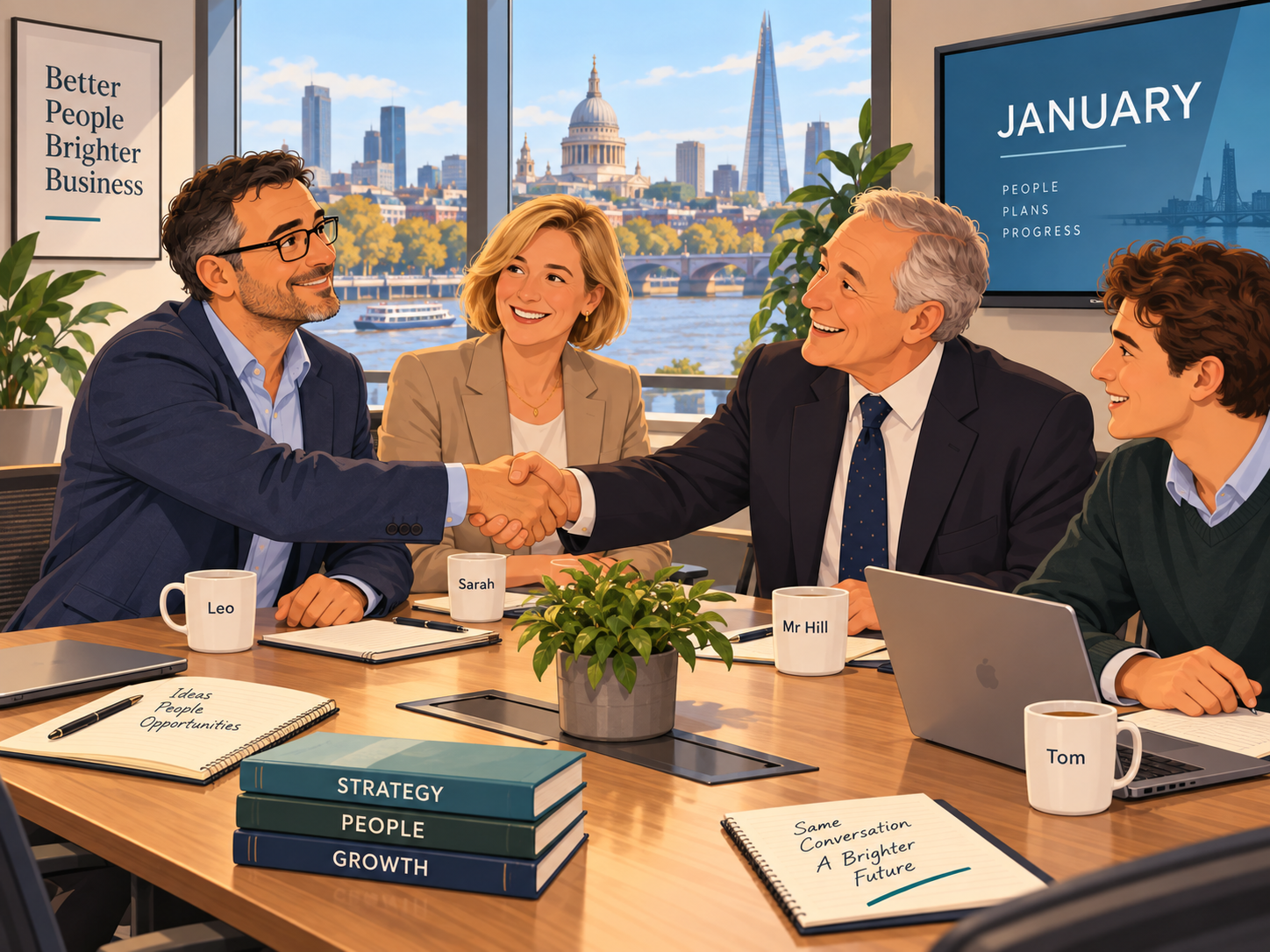 Leo shakes hands with Mr Hill in a bright London office; Sarah and Tom at the table; a screen reads JANUARY.