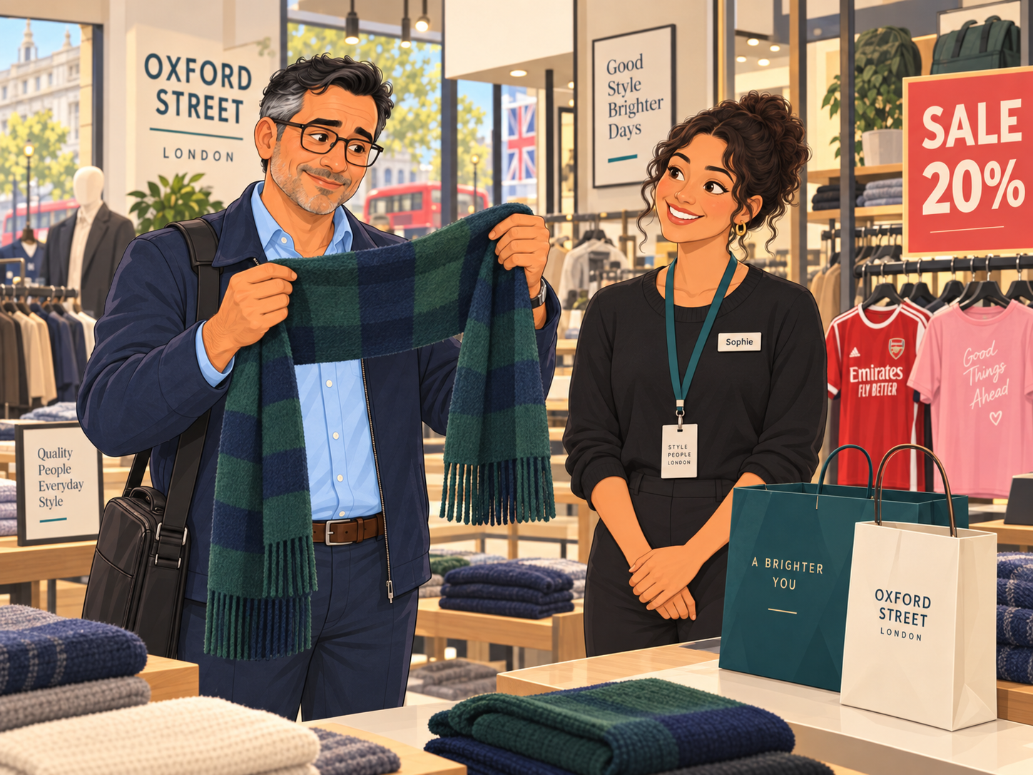 Leo in a bright London shop holding a green-and-blue scarf; the assistant smiles; a sign reads SALE 20%.