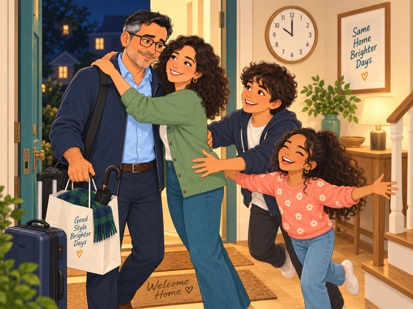 Night. Leo at his front door with his bag; Carla, Marco and Sofia welcome him home.