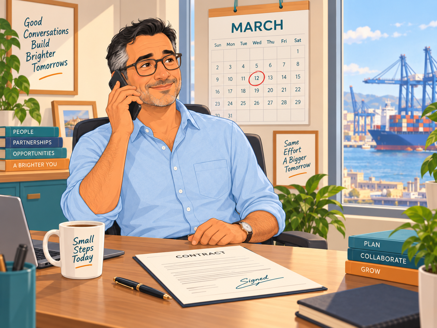 Leo at his desk on the phone, smiling; a wall calendar shows MARCH with the 12th circled; the port through the window.