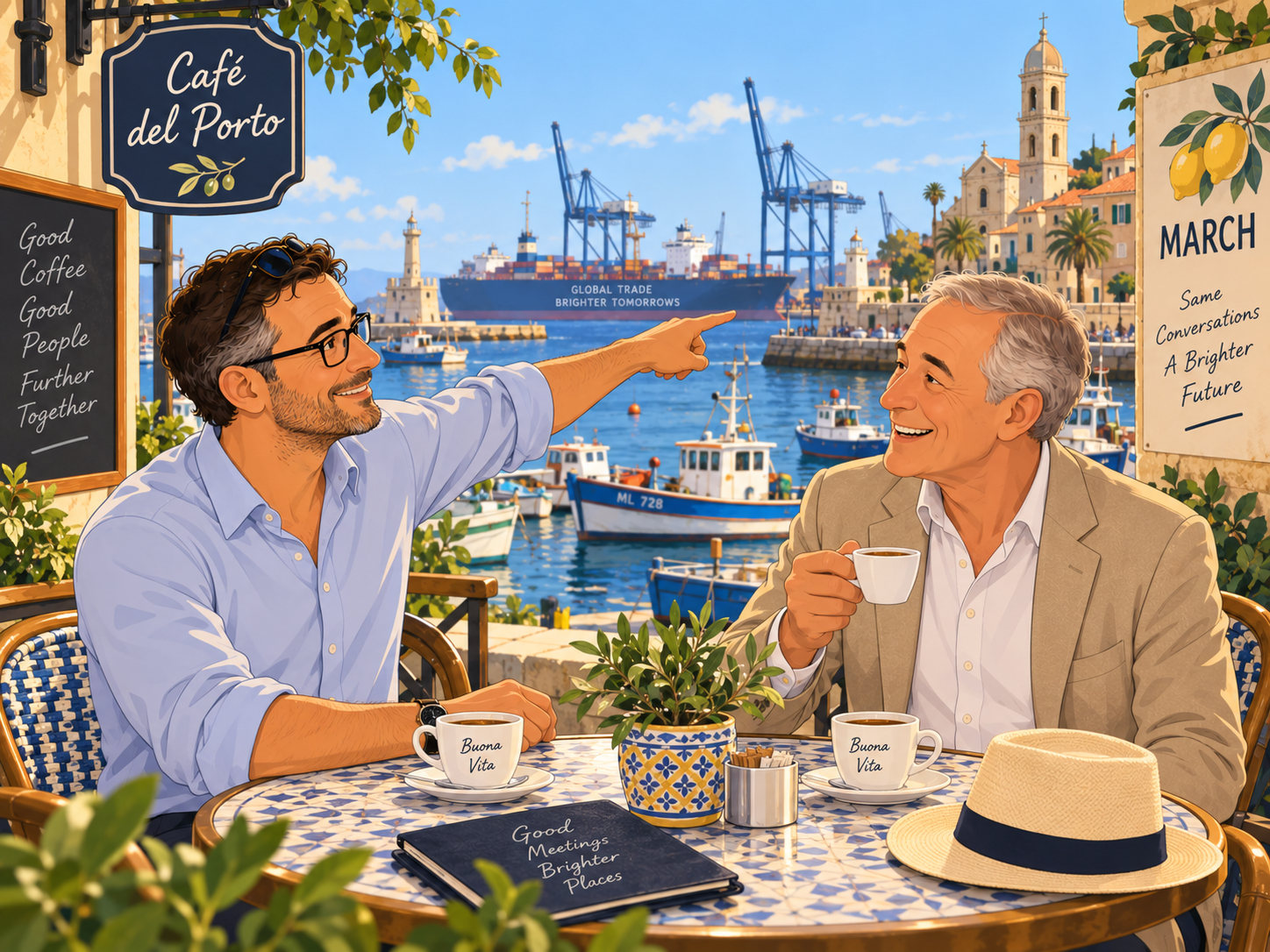A sunny harbour café: Leo points out the port to Mr Hill; ships, the sea, the old church behind.