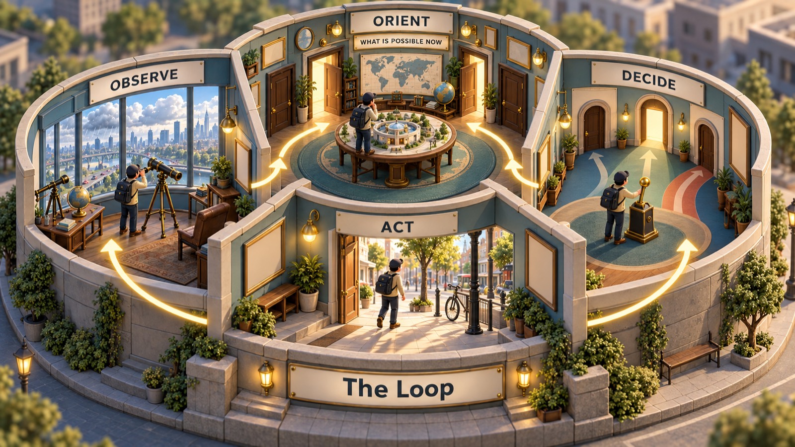 An isometric model of a round building with four rooms: a room of windows and telescopes, a map room whose doors stand open under a sign reading what is possible now, a room with three painted paths, and an open doorway onto a street