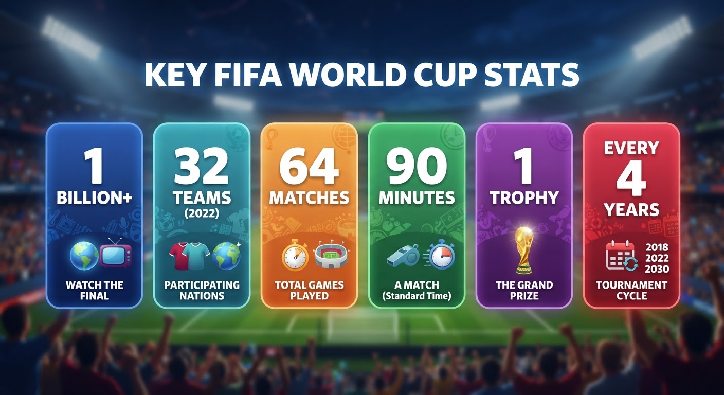 The World Cup by numbers: over 1 billion watch the final, 32 teams, 64 matches, 90 minutes a match, 1 trophy, every 4 years.