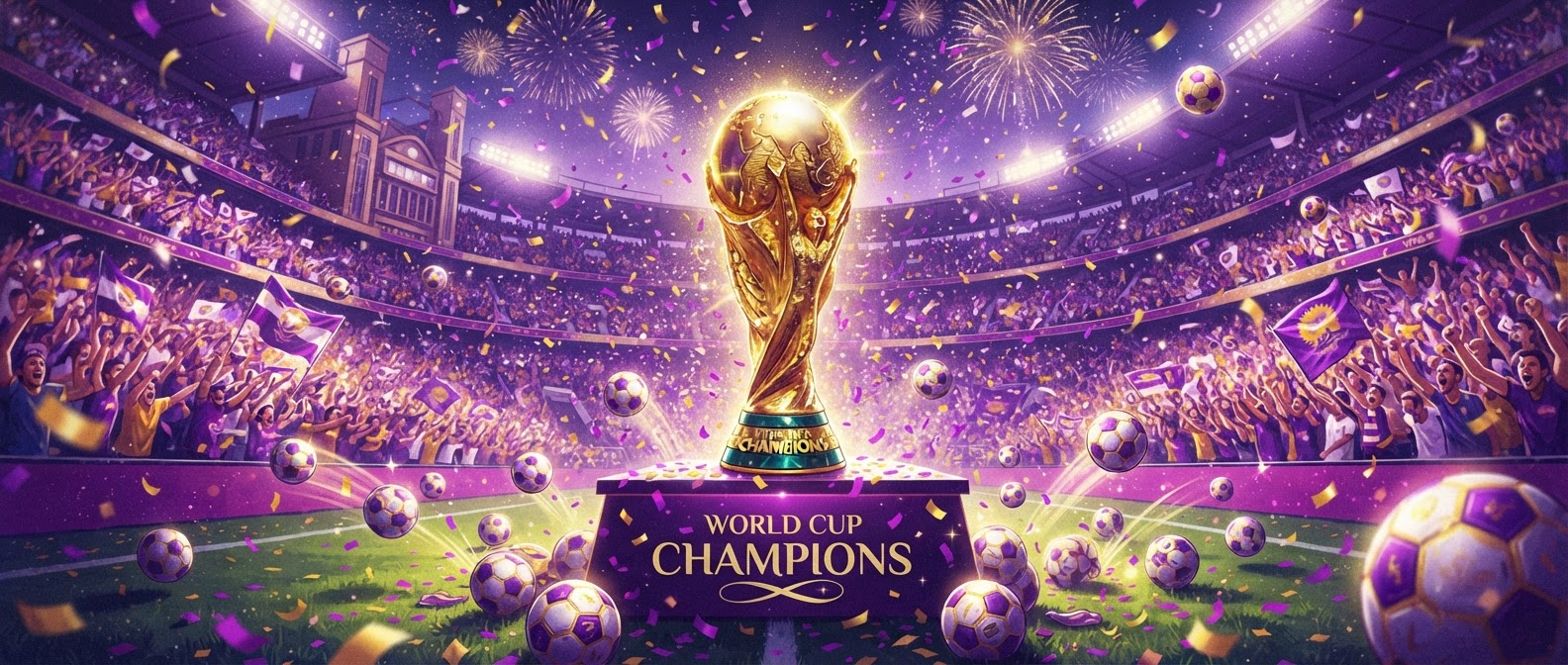 The gold World Cup trophy in front of a packed stadium, with footballs and confetti.