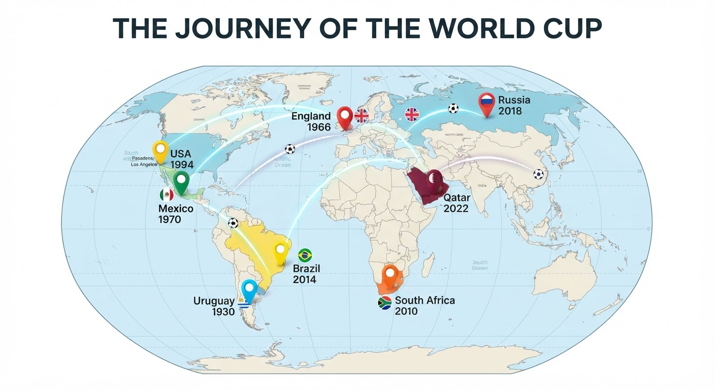 A world map with pins on host countries and years: Uruguay 1930, England 1966, Mexico 1970, USA 1994, South Africa 2010, Brazil 2014, Russia 2018, Qatar 2022.