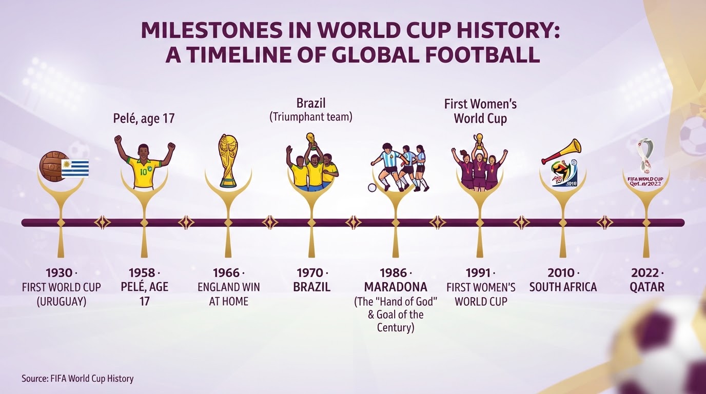 A timeline of the World Cup: 1930 first tournament in Uruguay, 1958 Pelé, 1966 England, 1970 Brazil, 1986 Maradona, 1991 first Women's World Cup, 2010 South Africa, 2022 Qatar.