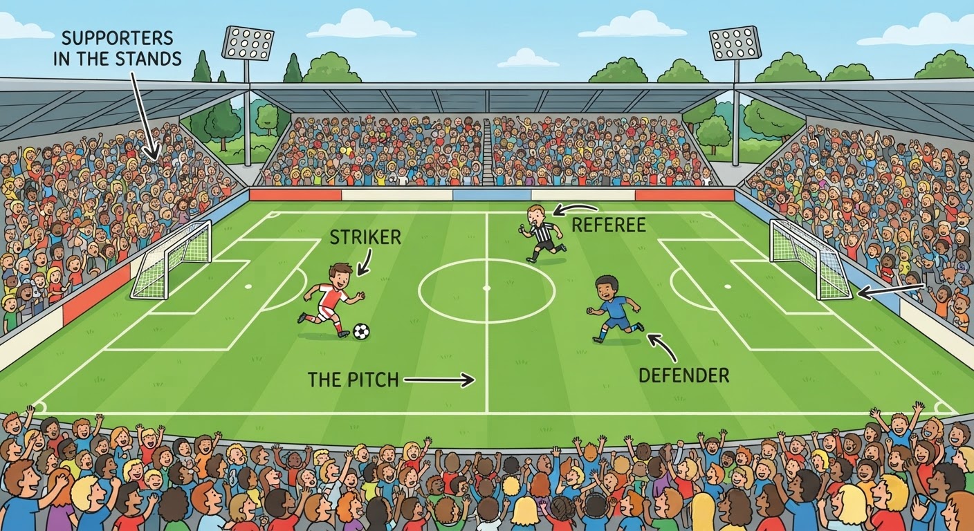 A football pitch from above, with labels for the pitch, goal, striker, defender, referee and supporters.
