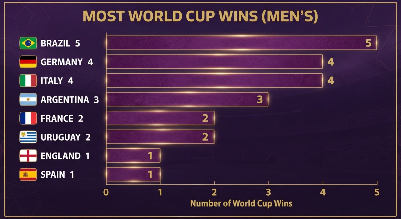 Bar chart of most World Cup wins: Brazil 5, Germany 4, Italy 4, Argentina 3, France 2, Uruguay 2, England 1, Spain 1.